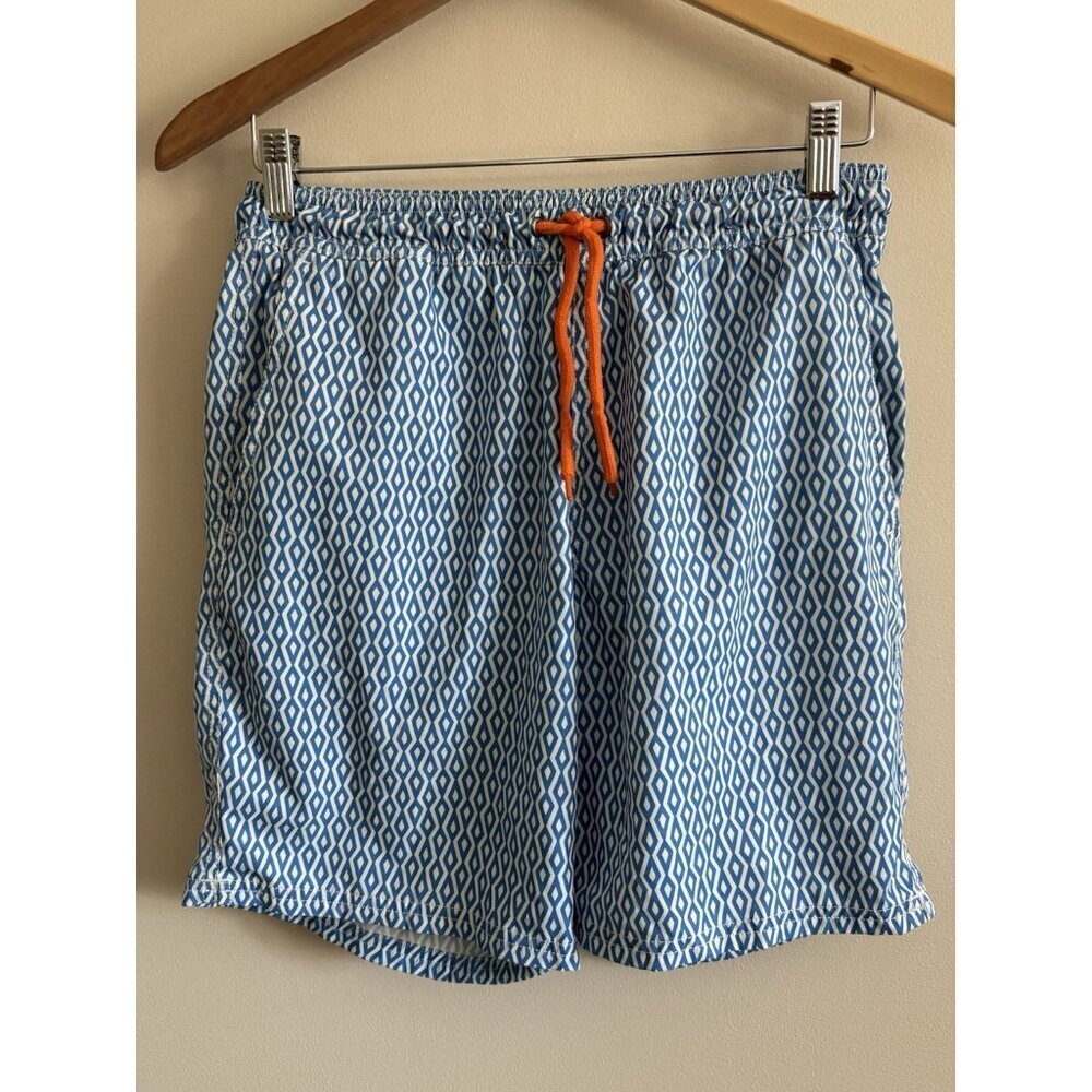 J. Crew 7" Swim Trunks Suit Diamond Print Blue White Mens Small Beach - Picture 1 of 9
